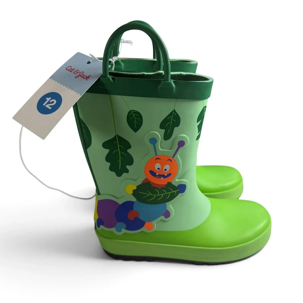 Cat & Jack Toddler Green Caterpillar Rain Boots Size 12 Pull On Waterproof